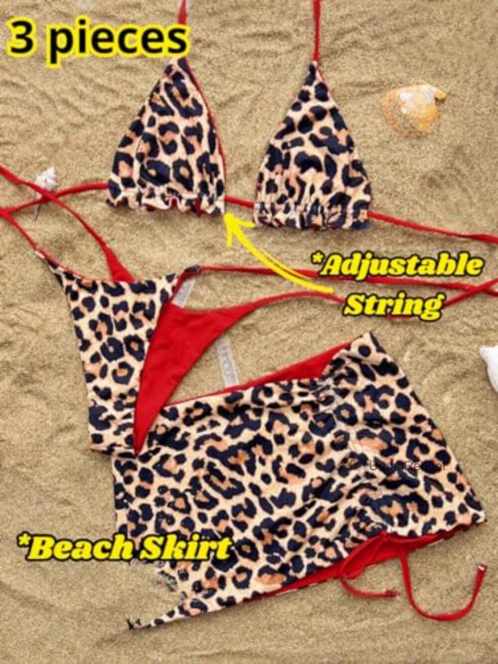 3 Piece Triangle String Bikini Set with Coverup Skirt and Halter Top